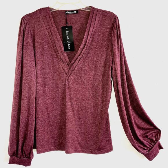 AGNES URBAN sz L Burgundy Red Purple Cordovan Smooth Knit Travel Long Sleeve Top - Picture 1 of 4